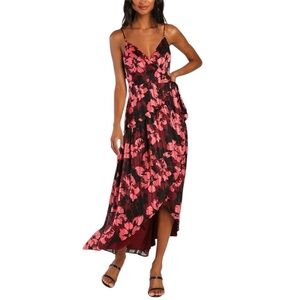 Lulus NWT Winning Your Heart Burgundy Floral Lurex Wrap Midi Dress Size Small